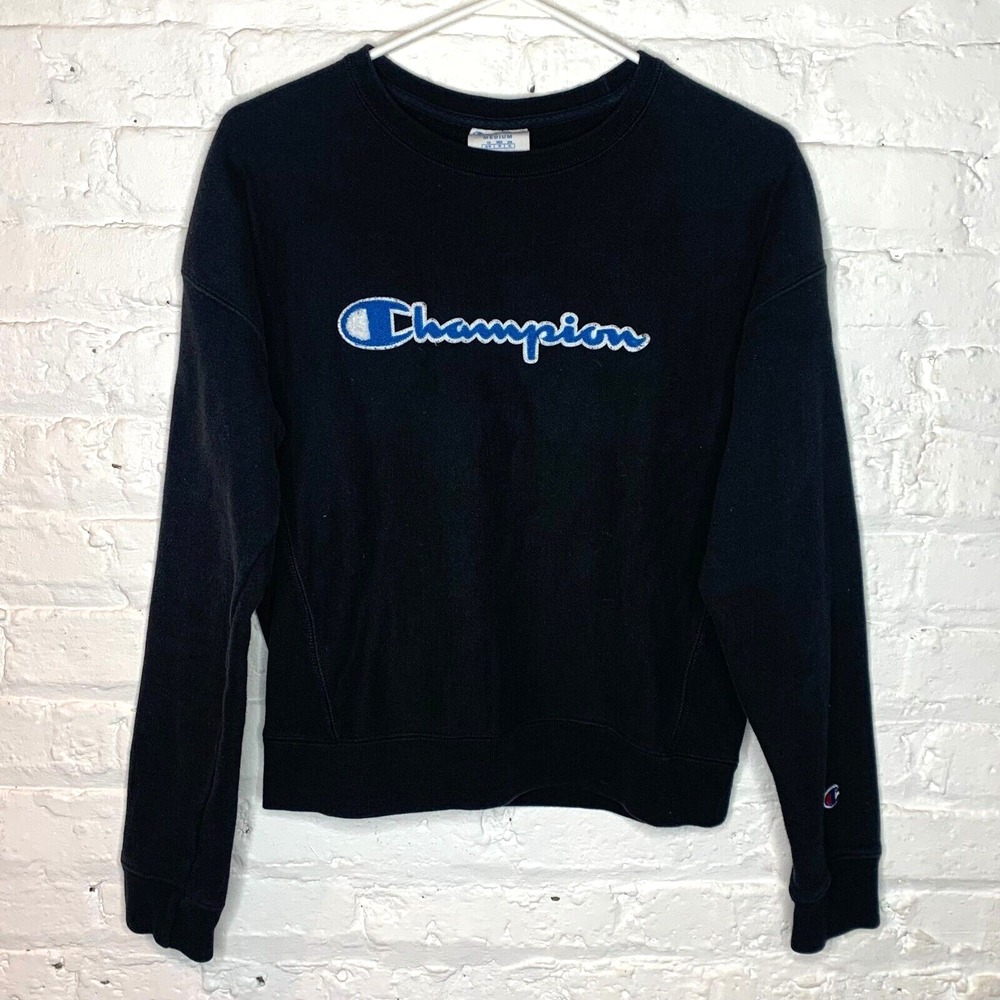 Champion Reverse Weave Size Medium Script Spell Out Sweatshirt Black Embroidered